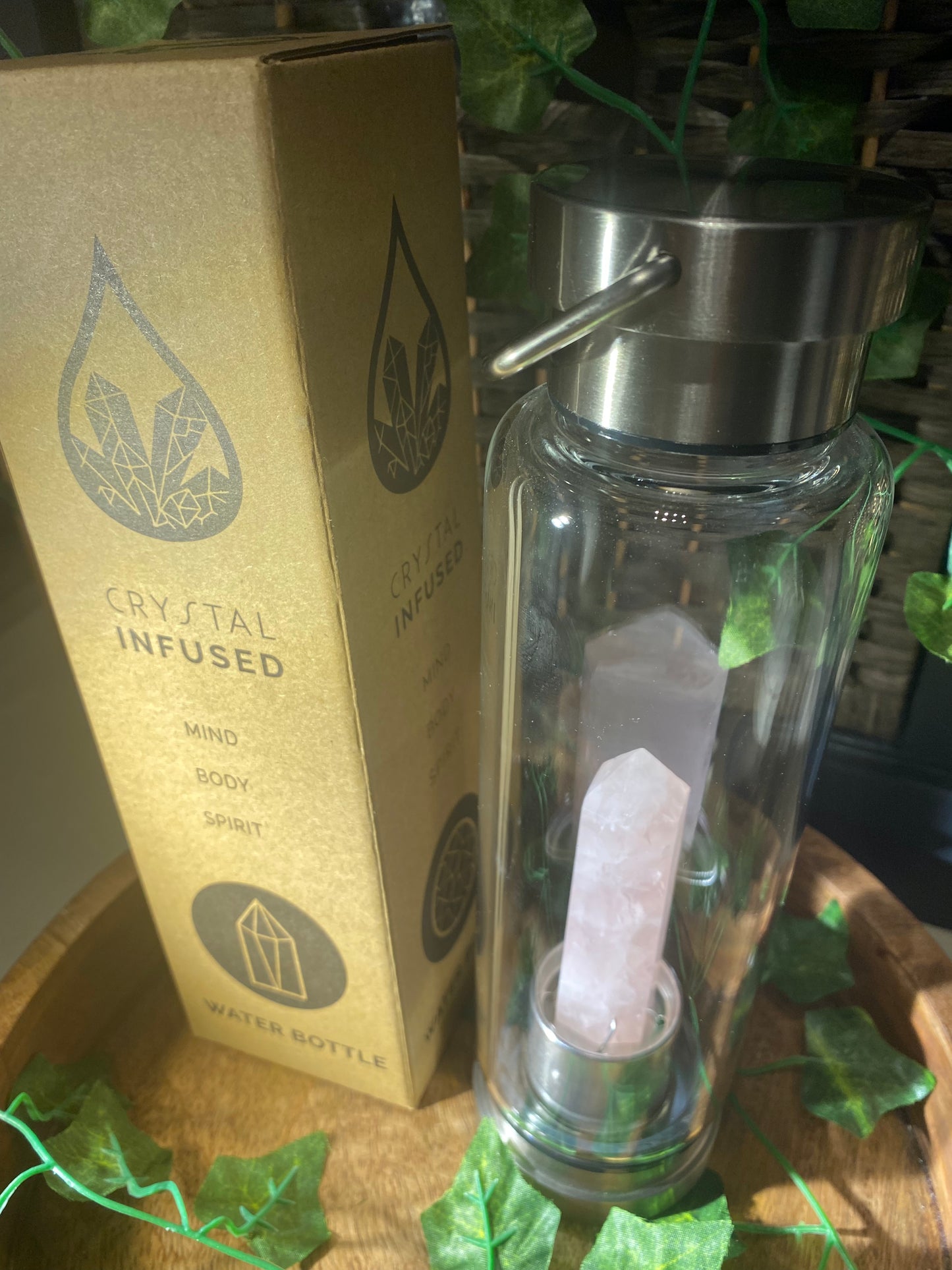 Crystal infused glass water bottle