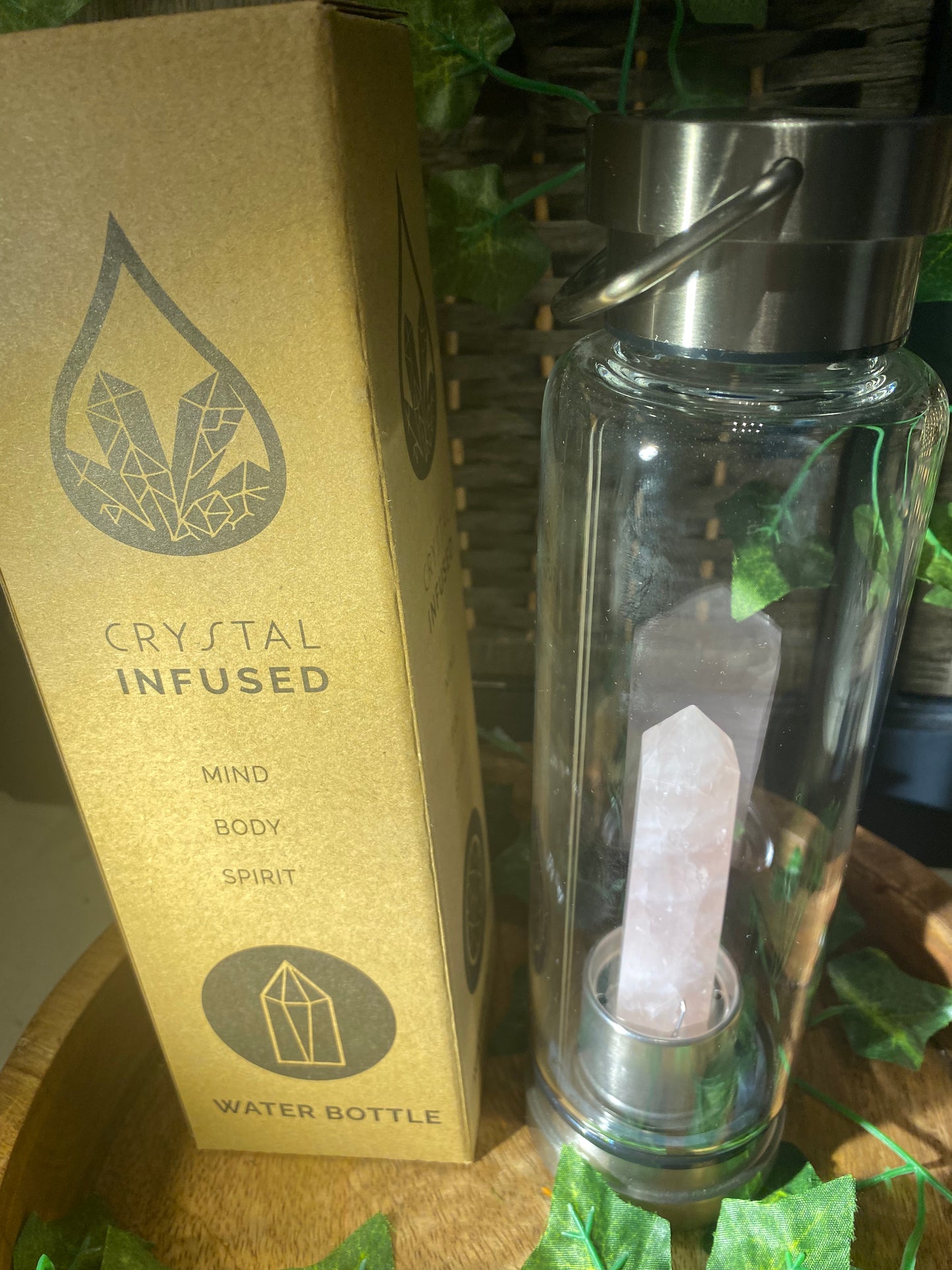 Crystal infused glass water bottle